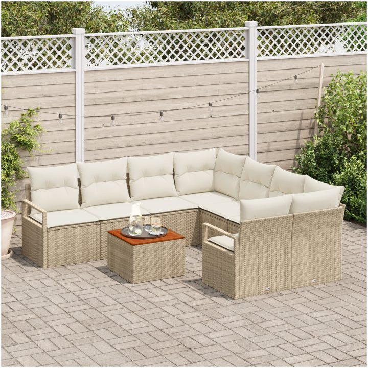 Trädgårdsoffaset 9 pcs Beige, vit Rattan, tyg vidaXL Stor – bild 3