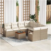 Trädgårdsoffaset 9 pcs Beige, vit Rattan, tyg vidaXL