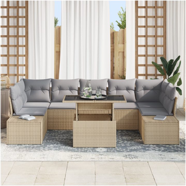 Trädgårdsoffaset Set av 8 Beige Polyeten Rattan Trädgårdsoffaset vidaXL 100 x 55 x 73 cm – bild 3