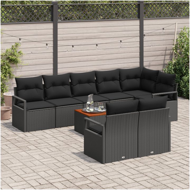 Trädgårdsoffasett svart 9 pcs Svart vidaXL Stor – bild 3
