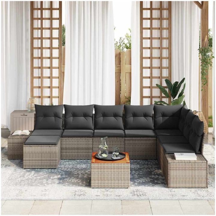 Trädgårdsoffgrupp 9 pcs Grå Rattanfiber, Polyester tyg vidaXL 55 x 55 x 37 cm – bild 3