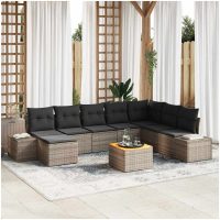 Trädgårdsoffgrupp 9 pcs Grå Rattanfiber, Polyester tyg vidaXL