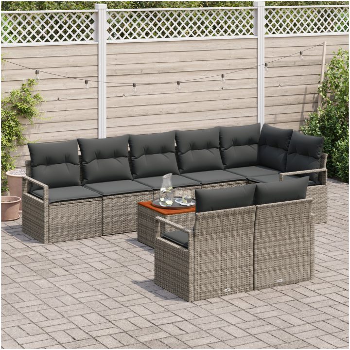 Trädgårdsoffgrupp 9 pcs Grå Rotting & Stål & Polyester vidaXL Stor – bild 3