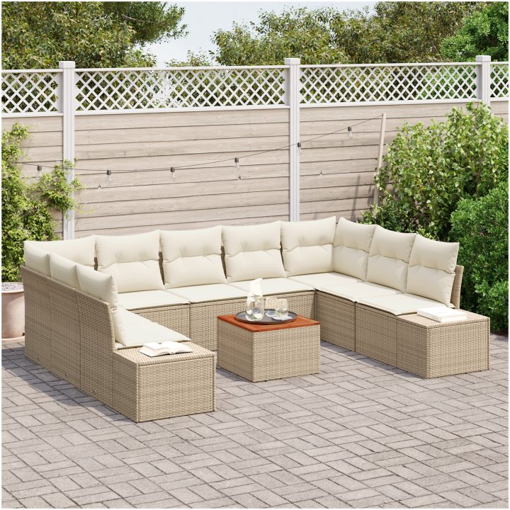 Trädgårdsoffset 10 pcs Beige och vit Rattan med polyesterkuddar vidaXL 55 x 55 x 37 cm – bild 3