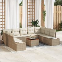 Trädgårdsoffset 10 pcs Beige och vit Rattan med polyesterkuddar vidaXL