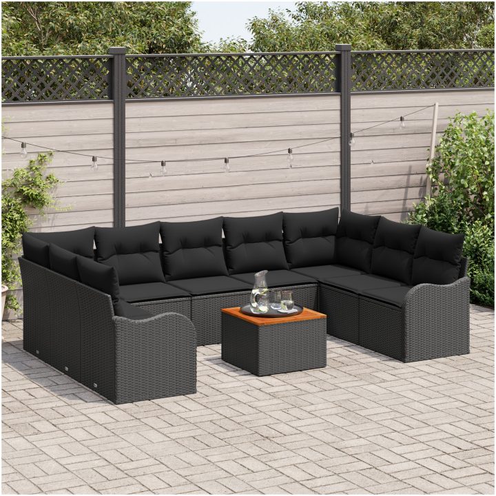 Trädgårdsoffset 10 pcs Svart Rattan, Polyester, Stål vidaXL Stor – bild 3