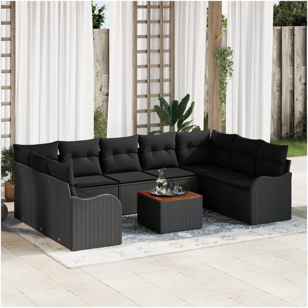 Trädgårdsoffset 10 pcs Svart Rattan, Polyester, Stål vidaXL Stor