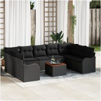Trädgårdsoffset 10 pcs Svart Rattan, Polyester, Stål vidaXL