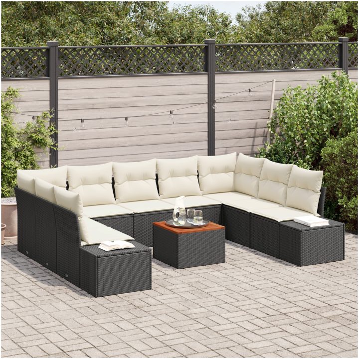 Trädgårdsoffset 10 pcs Svart, vit Rattan, polyester vidaXL 55 x 55 x 37 cm – bild 3