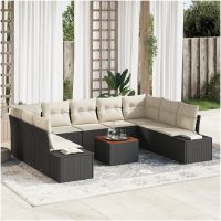 Trädgårdsoffset 10 pcs Svart, vit Rattan, polyester vidaXL