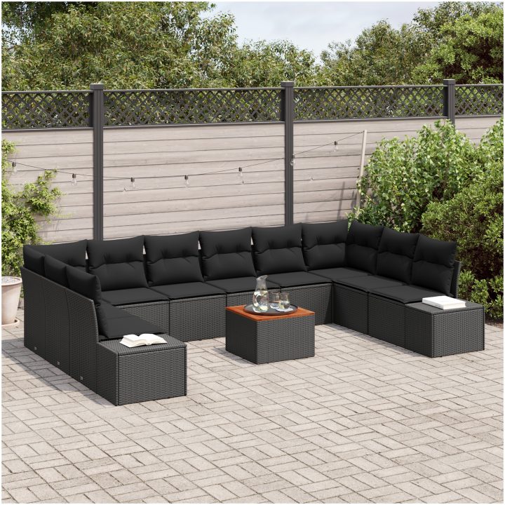 Trädgårdsoffset 11 pcs Svart Rattanfiber, Polyester tyg vidaXL 55 x 55 x 37 cm – bild 3