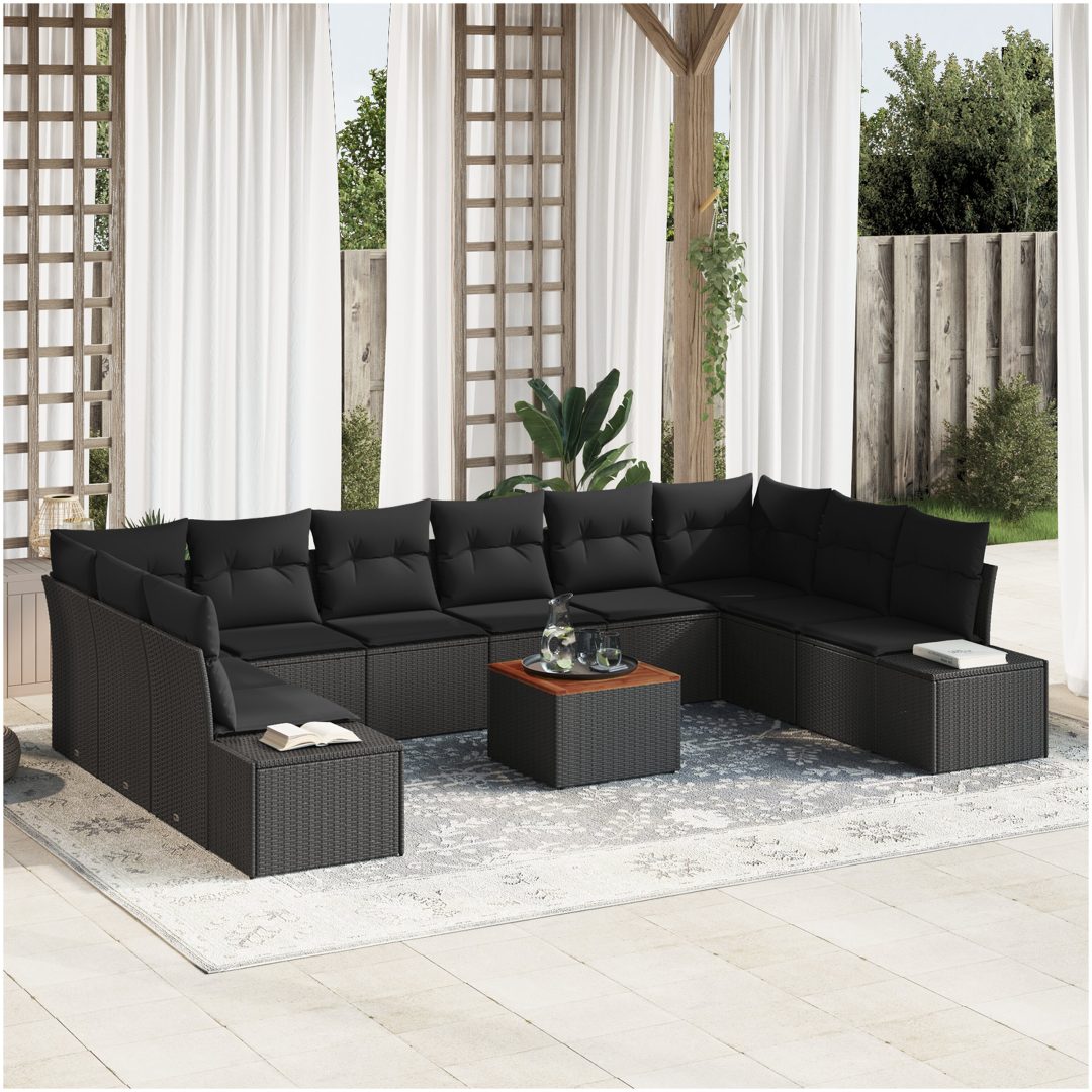 Trädgårdsoffset 11 pcs Svart Rattanfiber, Polyester tyg vidaXL 55 x 55 x 37 cm