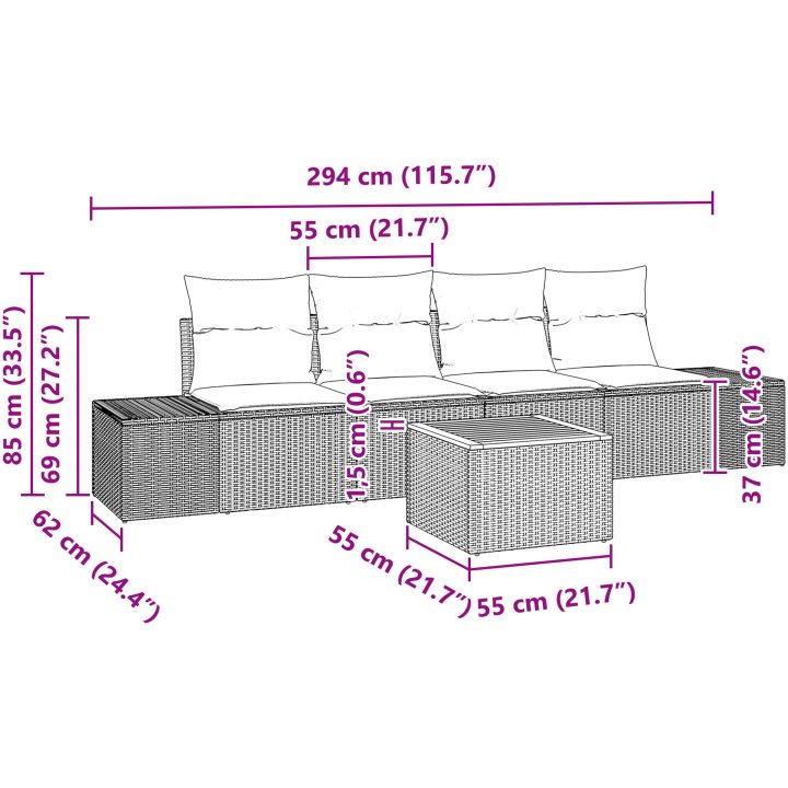 Trädgårdsoffset 5 pcs Grå Rotting & Stålram vidaXL 55 x 55 x 37 cm – bild 11