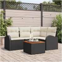 Trädgårdsoffset 5 pcs Svart, vit Rattan, trä vidaXL