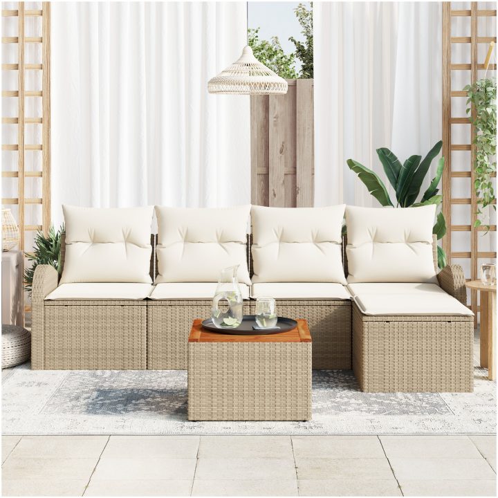 Trädgårdsoffset 6 pcs Beige, vit Poly Rattan, Trä vidaXL Stor – bild 3