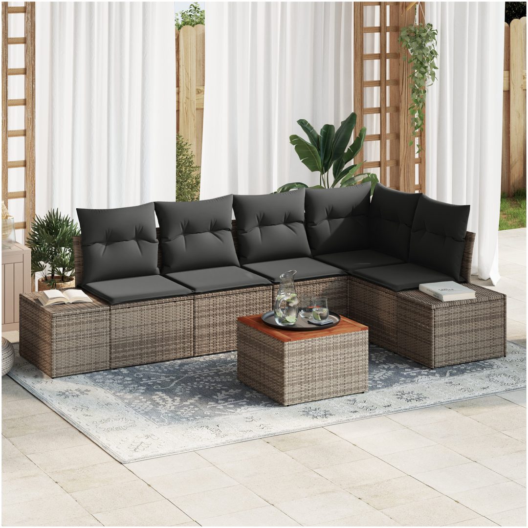 Trädgårdsoffset 6 pcs Grå Poly Rattan, Glas, Polyester vidaXL 55 x 55 x 37 cm