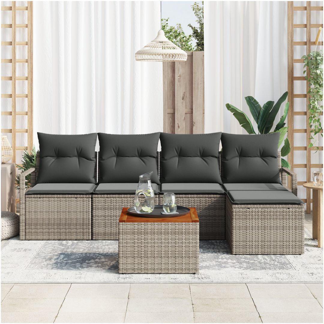Trädgårdsoffset 6 pcs Grå Poly Rattan, Trä vidaXL Stor – bild 3