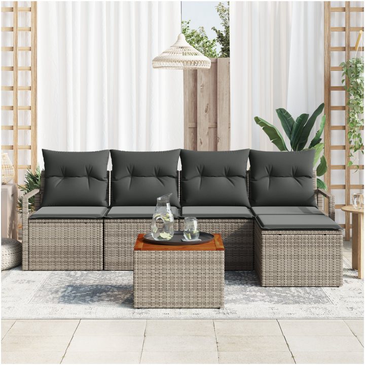 Trädgårdsoffset 6 pcs Grå Poly Rattan, Trä vidaXL Stor – bild 3