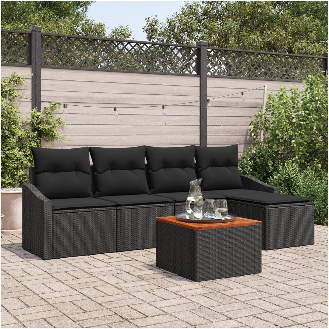 Trädgårdsoffset 6 pcs Svart Rattan, trä vidaXL 55 x 55 x 37 cm