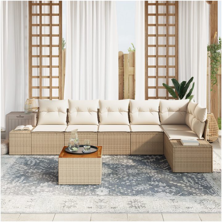 Trädgårdsoffset. 7 pcs Beige och vit Rattan, polyester, skum vidaXL 55 x 55 x 37 cm – bild 3