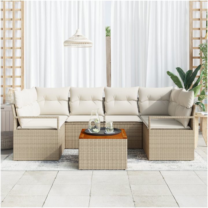 Trädgårdsoffset 7 pcs Beige, vit Rattan, trä vidaXL Stor – bild 3