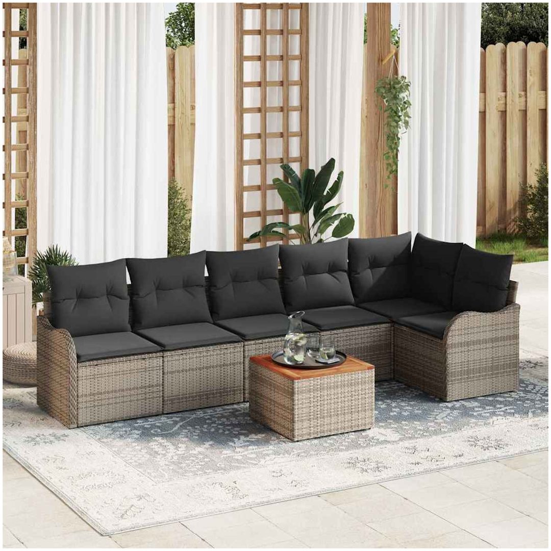 Trädgårdsoffset 7 pcs Grå Rattan, Polyester, Stål, Trä vidaXL Stort