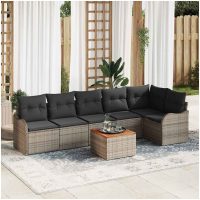 Trädgårdsoffset 7 pcs Grå Rattan, Polyester, Stål, Trä vidaXL