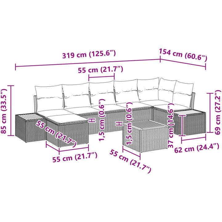 Trädgårdsoffset 8 pcs Beige PE rotting vidaXL 55 x 55 x 37 cm – bild 10
