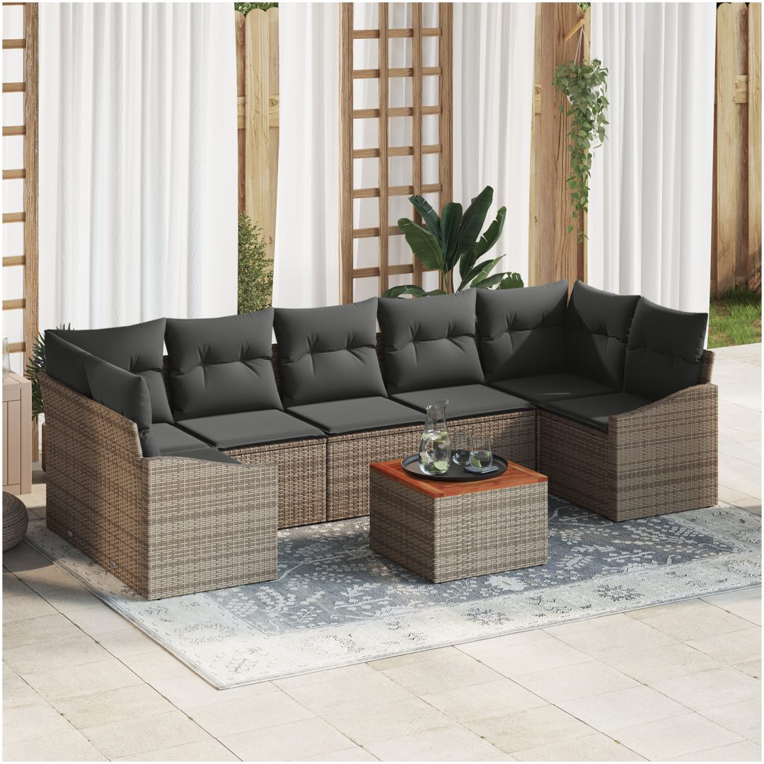 Trädgårdsoffset 8 pcs Grå Rattan, trä vidaXL 55 x 55 x 37 cm