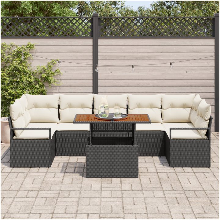 Trädgårdsoffset 8 pcs Svart och kräm Rattan och polyester vidaXL Stor – bild 3