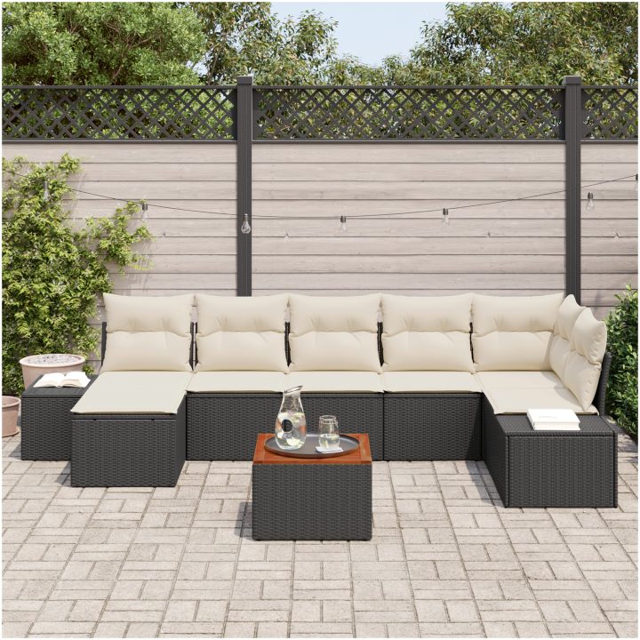 Trädgårdsoffset 8 pcs Svart, vit Rattans, polyester vidaXL 55 x 55 x 37 cm – bild 3