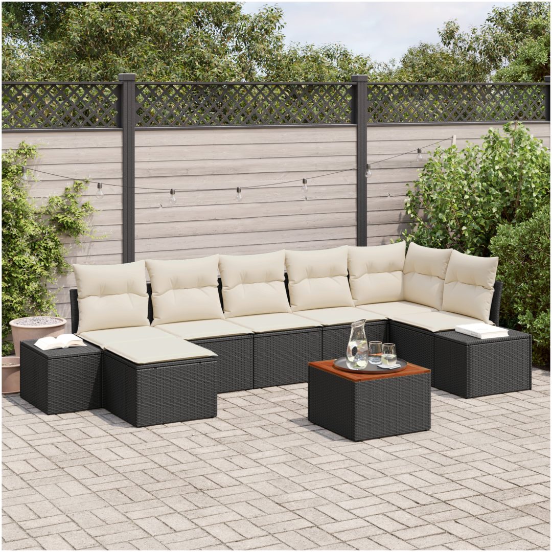 Trädgårdsoffset 8 pcs Svart, vit Rattans, polyester vidaXL 55 x 55 x 37 cm