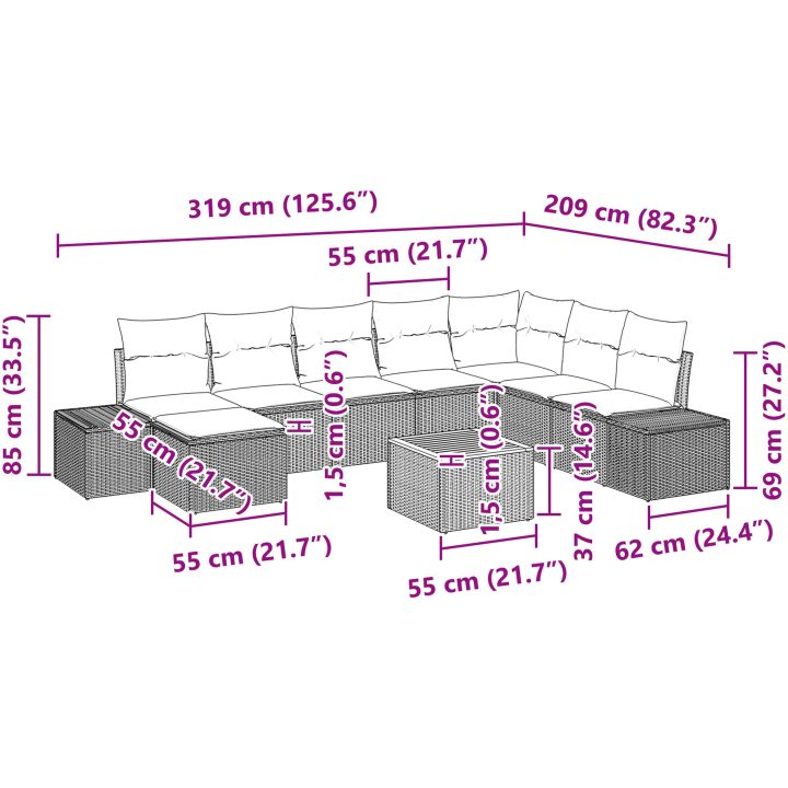 Trädgårdsoffset 9 pcs Beige, ljusgrå Rattan, Polyester, Stål vidaXL 55 x 55 x 37 cm – bild 10