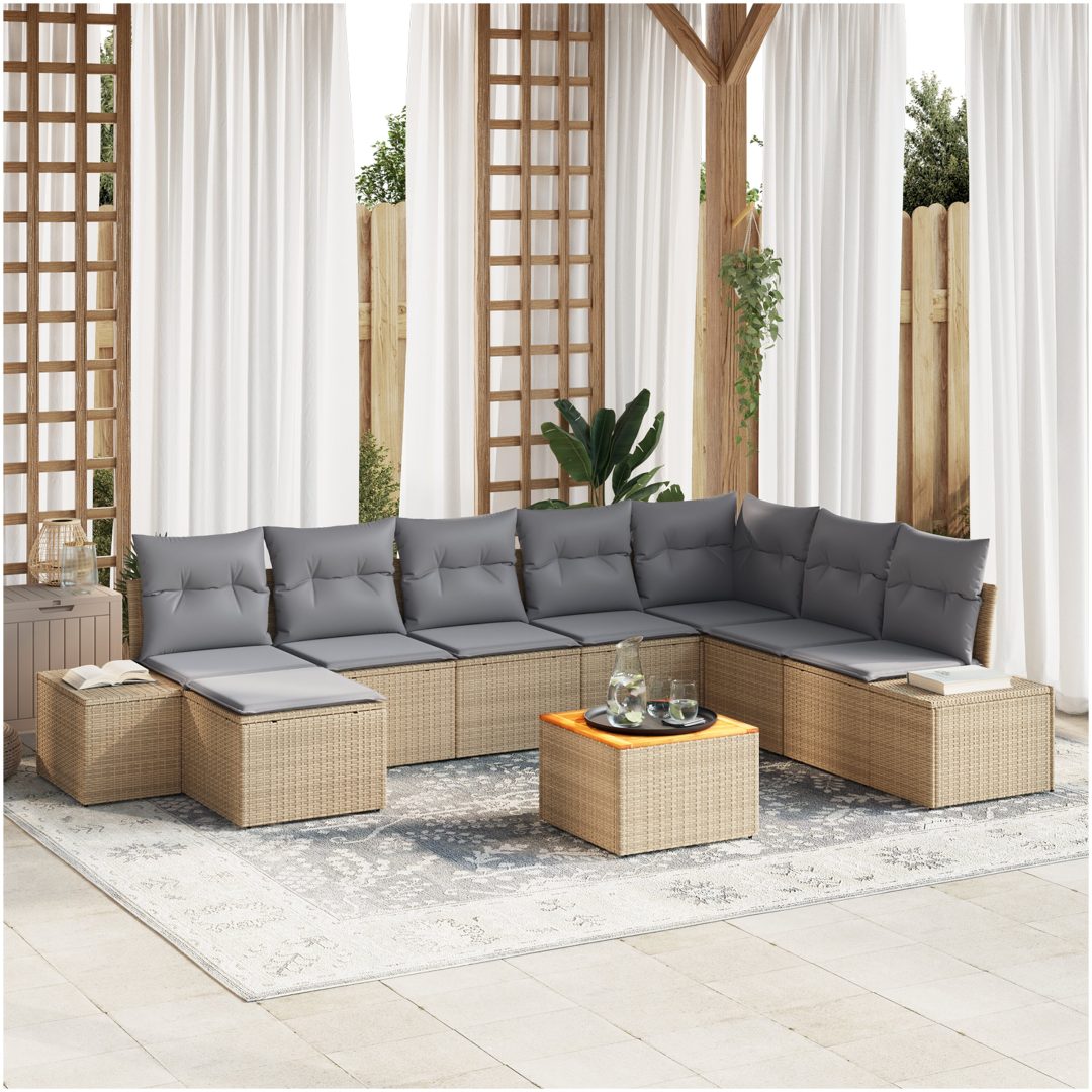 Trädgårdsoffset 9 pcs Beige, ljusgrå Rattan, Polyester, Stål vidaXL 55 x 55 x 37 cm