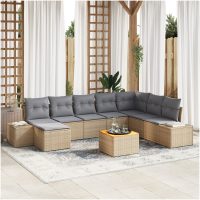 Trädgårdsoffset 9 pcs Beige, ljusgrå Rattan, Polyester, Stål vidaXL