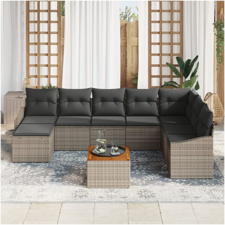 Trädgårdsoffset 9 pcs Grå Poly Rattan, Glas vidaXL 55 x 55 x 37 cm – bild 3