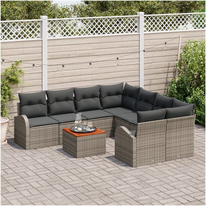 Trädgårdsoffset 9 pcs Grå Rattan, trä vidaXL Medium – bild 3
