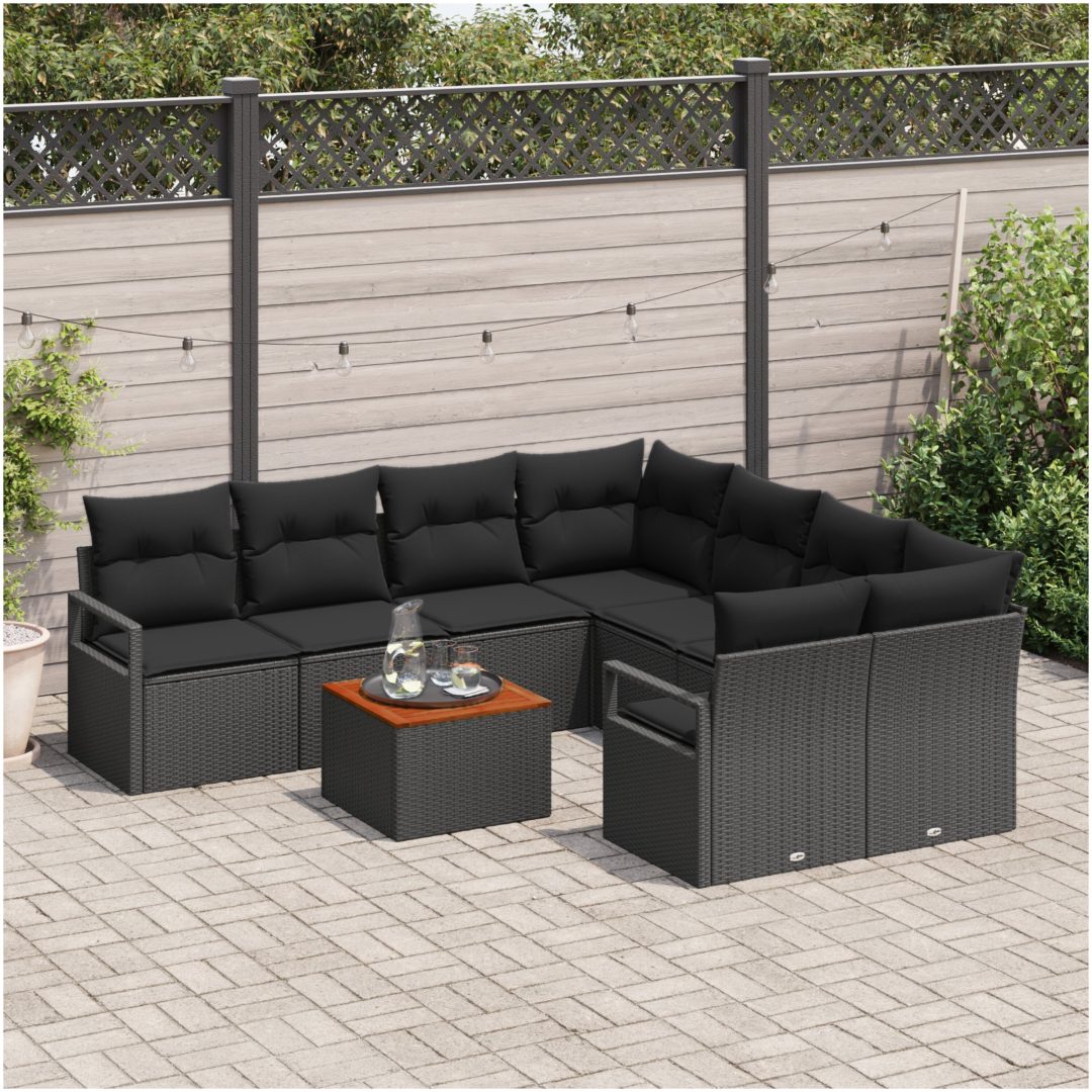Trädgårdsoffset 9 pcs Svart Poly Rattan, Stål, Trä vidaXL Medium – bild 3