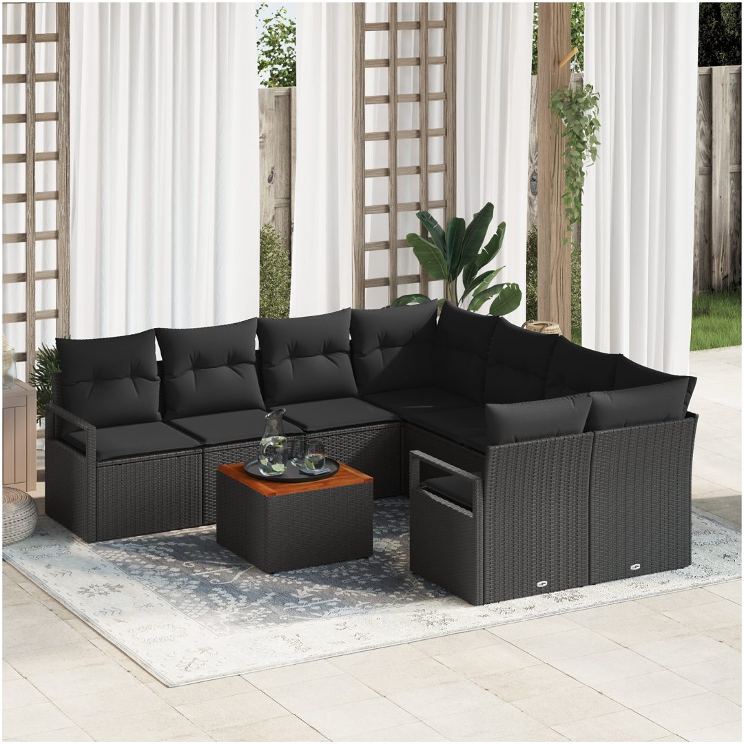 Trädgårdsoffset 9 pcs Svart Poly Rattan, Stål, Trä vidaXL Medium