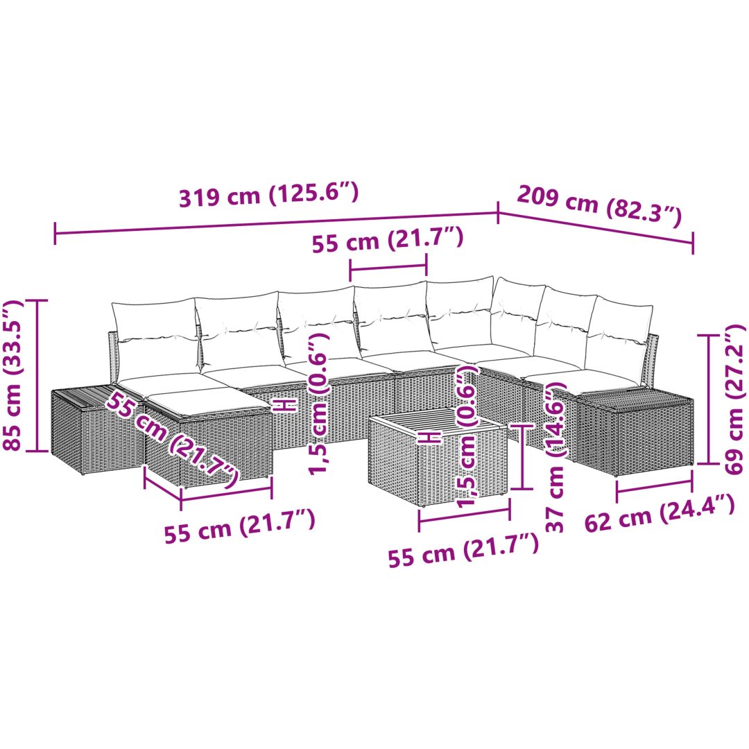 Trädgårdsoffset 9 pcs Svart Rattans, polyester vidaXL 55 x 55 x 37 cm – bild 11
