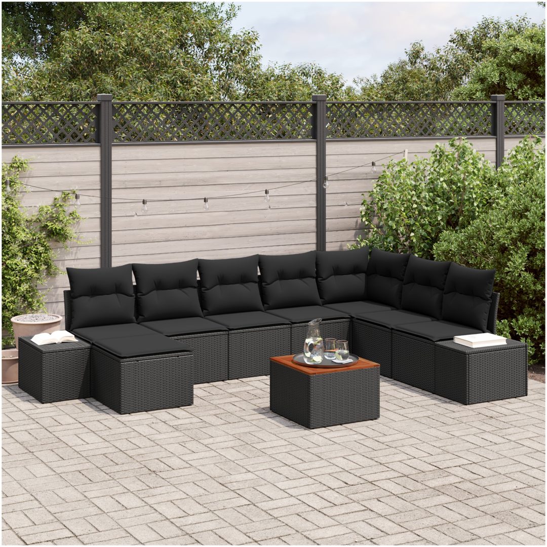 Trädgårdsoffset 9 pcs Svart Rattans, polyester vidaXL 55 x 55 x 37 cm