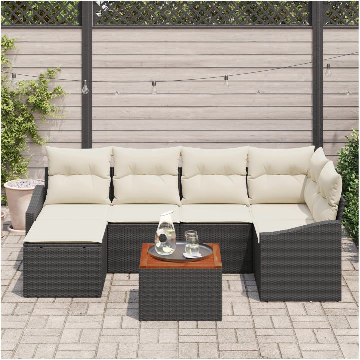 Trädgårdsoffset med kuddar, 7 delar i svart poly rattan och akacia vidaXL 55 x 55 x 37 cm – bild 3