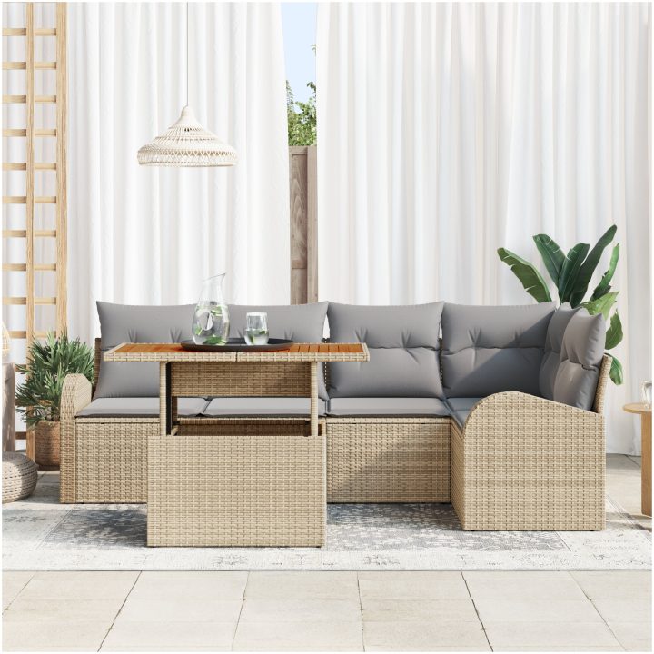trädgårdsoffset med kuddar Beige Poly Rattan vidaXL Stor – bild 3
