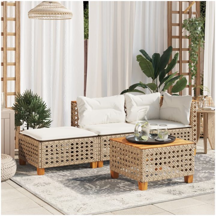 Trädgårdspall med dyna beige 63,5x56x32 cm konstrotting vidaXL – bild 3