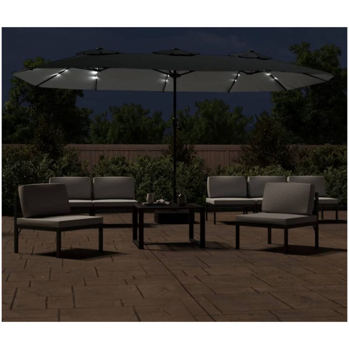 Trädgårdsparasoll dubbelt med LEDs antracit 449x245 cm vidaXL – bild 3