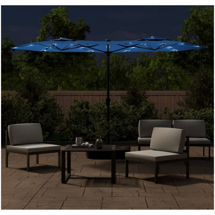 Trädgårdsparasoll dubbelt med LEDs azurblå 316x240 cm vidaXL – bild 3