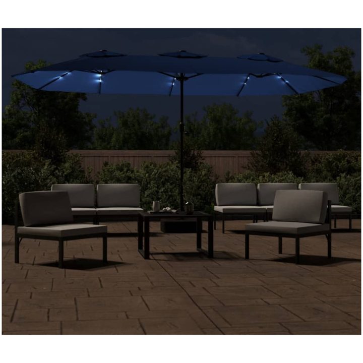 Trädgårdsparasoll dubbelt med LEDs azurblå 449x245 cm vidaXL – bild 3