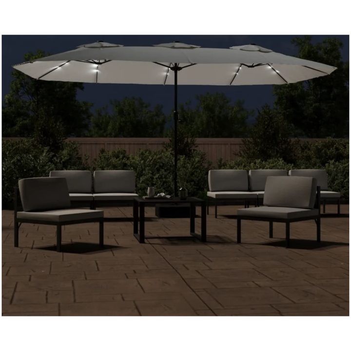 Trädgårdsparasoll dubbelt med LEDs sandvit 449x245 cm vidaXL – bild 3