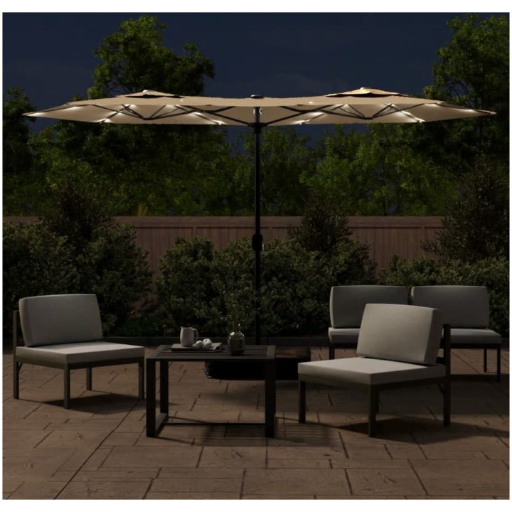 Trädgårdsparasoll dubbelt med LEDs taupe 316x240 cm vidaXL – bild 3