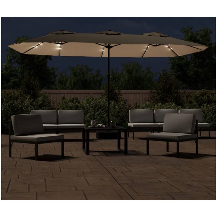 Trädgårdsparasoll dubbelt med LEDs taupe 449x245 cm vidaXL – bild 3